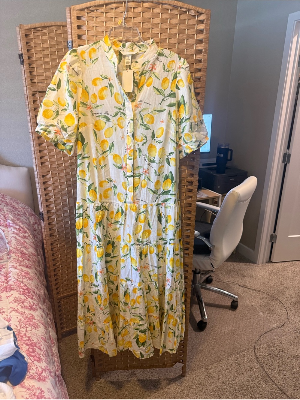 H&M White Midi Dress with Yellow Lemon Print